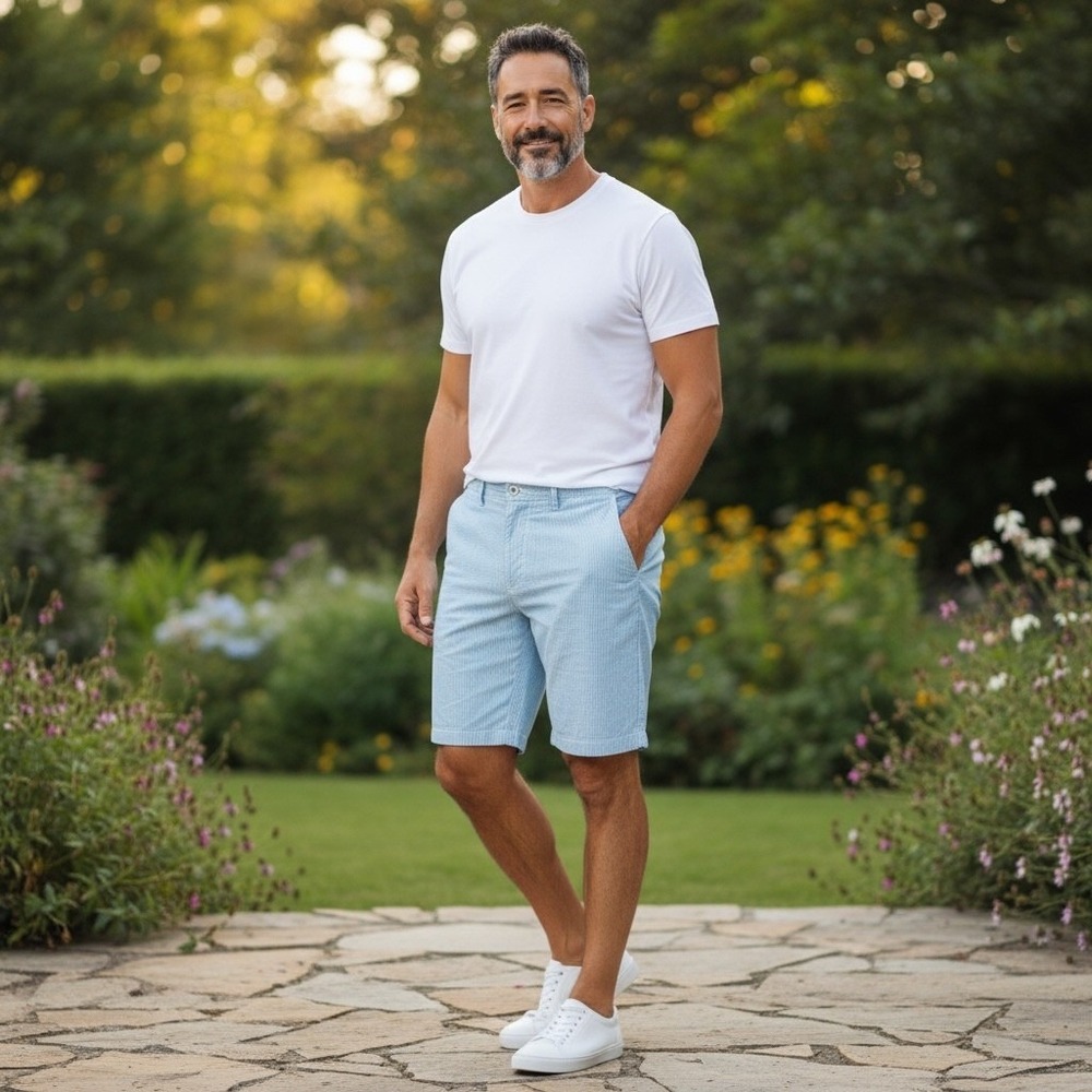 Johnnie-O Mens Striped Flat Front Shorts Light Blue White Size 33 Pinstripe Golf